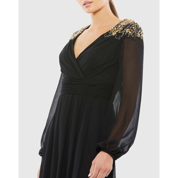 Mac Duggal Size 6 Black 55694 Embellished Shoulder Blouson Sleeve Gown Dress New - Picture 2 of 12